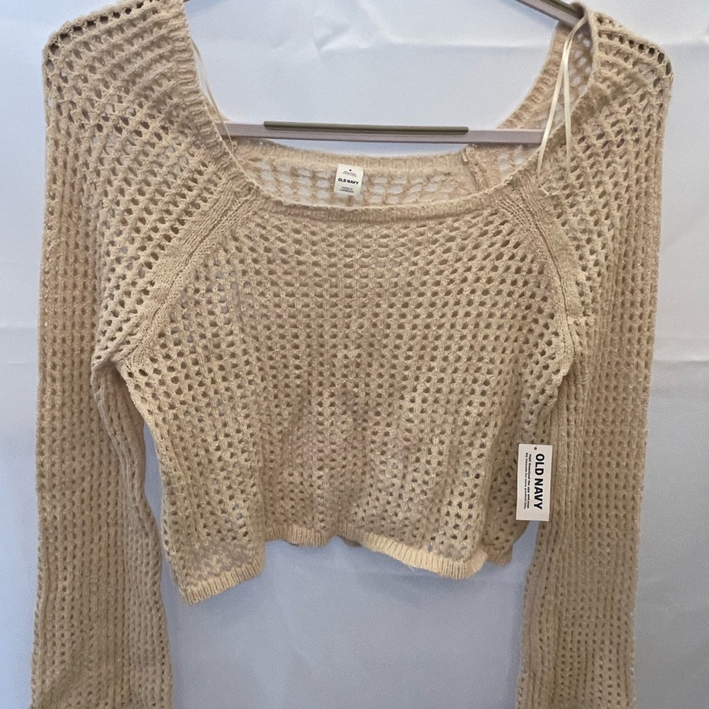 Old Navy Crochet Crop Sweater Small Cream Open Knit Boho Beachy NWT